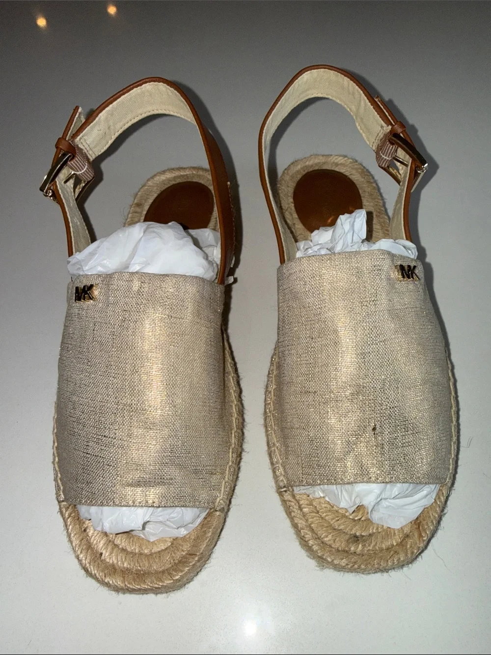 MICHAEL Michael Kors Fisher Metallic Gold Linen Espadrille Sandals | Size 6.5